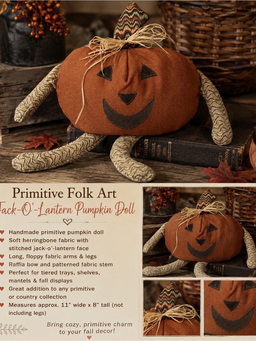 Handmade Jack-O'-Lantern Pumpkin Doll - Rust Orange & Cream